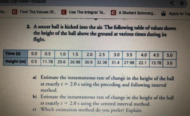 Ode 2up View Theater Llo Find The Values Of C Use The Integral Te Ca Student Submerg Time S Height M 1