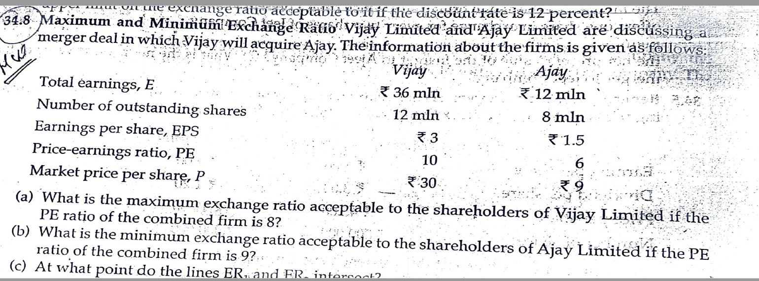 V Sa 1 In Ajay Ne Exchange Ratio Acceptable To It If The Discouhitate Is 12 Percent 34 8 Maximum And Minimum Exchange 1