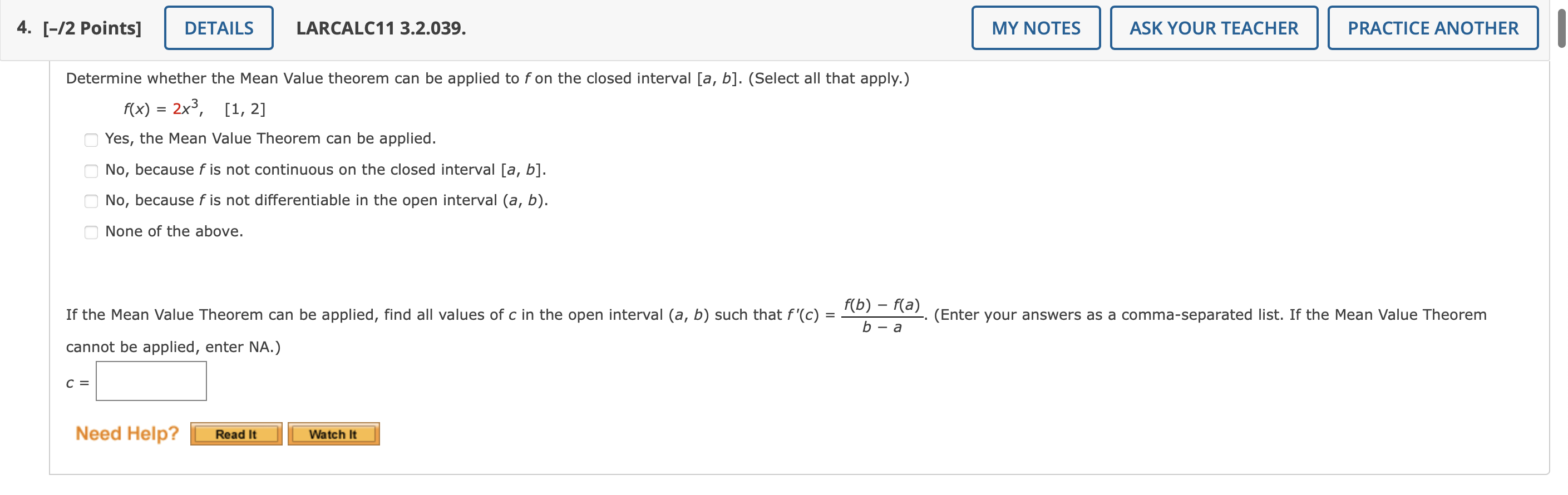4 2 Points Details Determine Whether The Mean Value Theorem Can Be Applied To F On The Closed Interval A B Sel 1