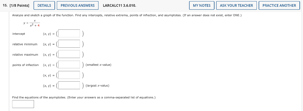 15 1 8 Points Y Intercept Details Analyze And Sketch A Graph Of The Function Find Any Intercepts Relative Extrema 1