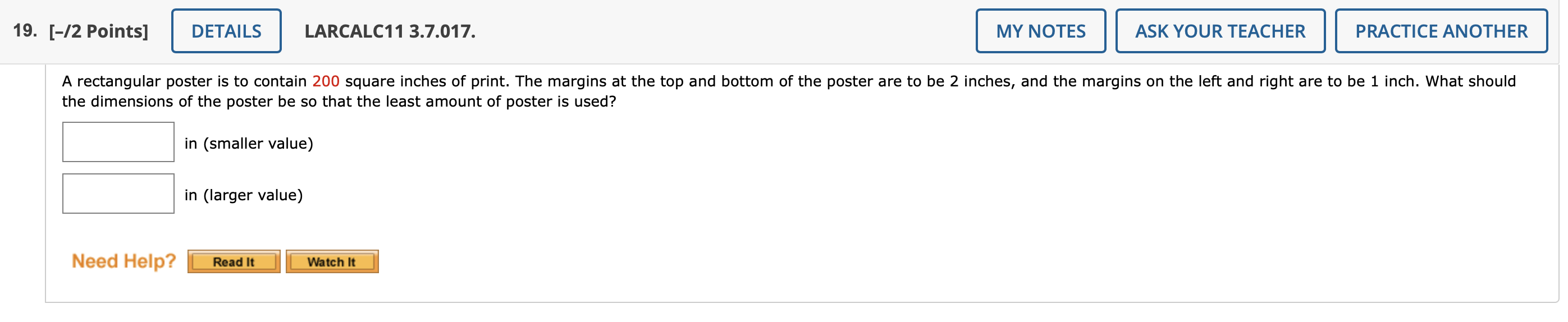 19 2 Points A Rectangular Poster Is To Contain 200 Square Inches Of Print The Margins At The Top And Bottom Of The 1