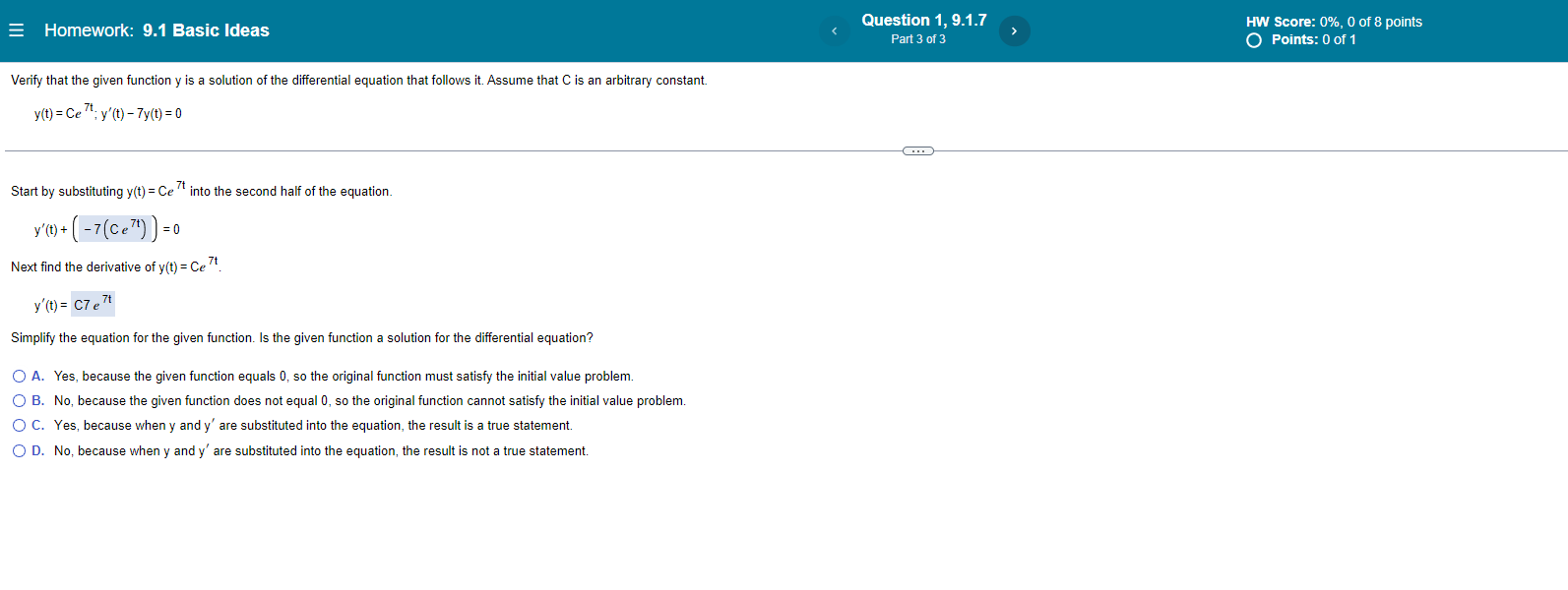 Homework 9 1 Basic Ideas Verify That The Given Function Y Is A Solution Of The Differential Equation That Follows It A 1