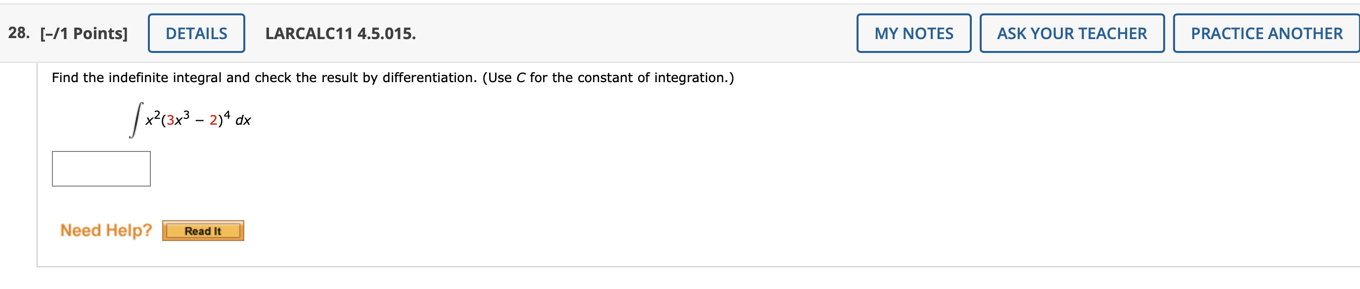 28 1 Points Details Find The Indefinite Integral And Check The Result By Differentiation Use C For The Constant O 1