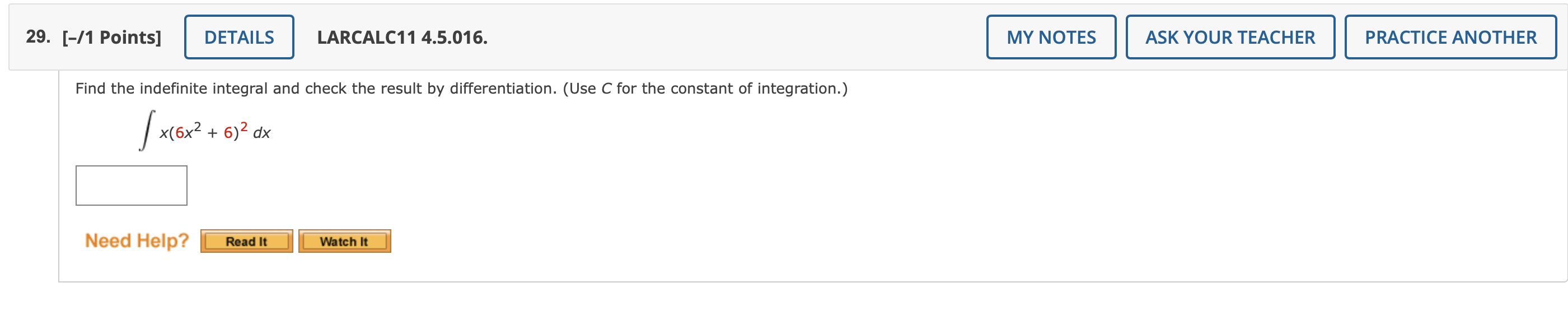29 1 Points Details Find The Indefinite Integral And Check The Result By Differentiation Use C For The Constant O 1