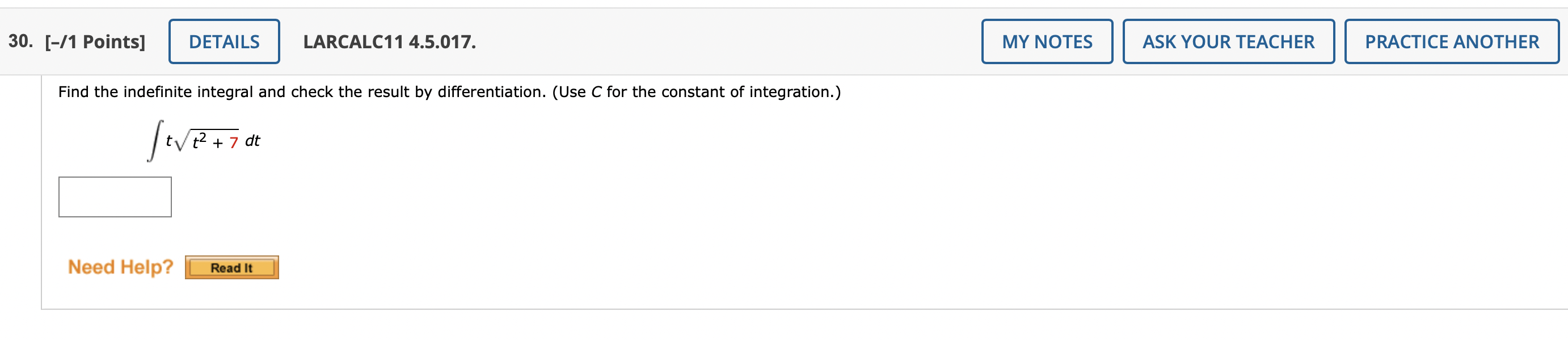 30 1 Points Details Find The Indefinite Integral And Check The Result By Differentiation Use C For The Constant O 1