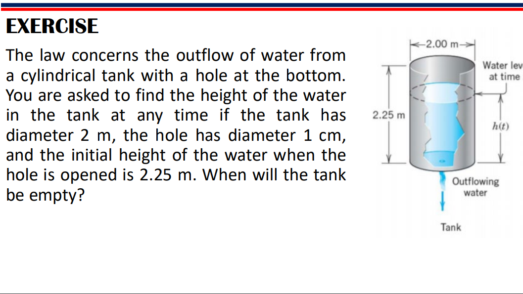 Exercise The Law Concerns The Outflow Of Water From A Cylindrical Tank With A Hole At The Bottom You Are Asked To Find 1
