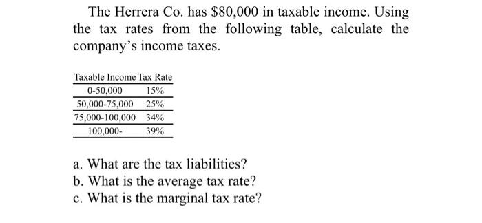 The Herrera Co Has 80 000 In Taxable Income Using The Tax Rates From The Following Table Calculate The Company S Inc 1