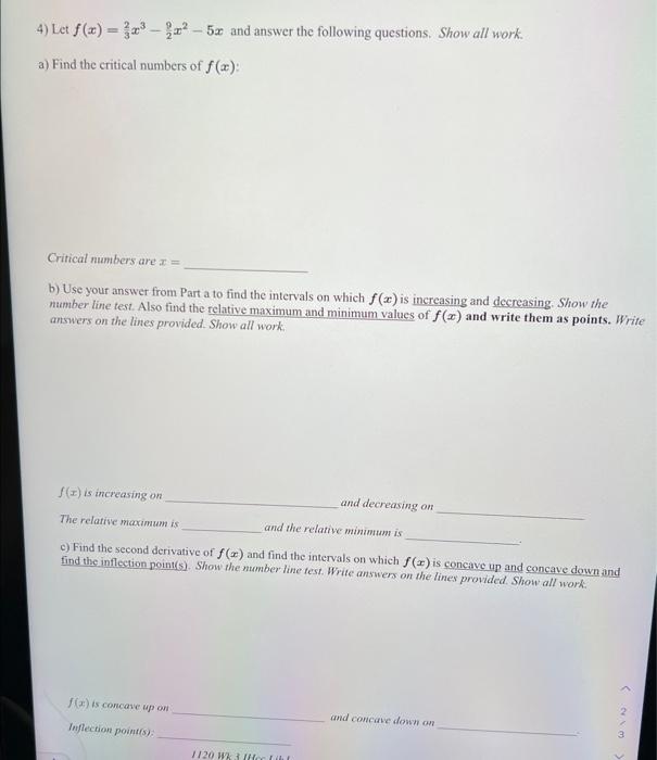 4 Let F X 2 5x And Answer The Following Questions Show All Work A Find The Critical Numbers Of F X Critical Nu 1