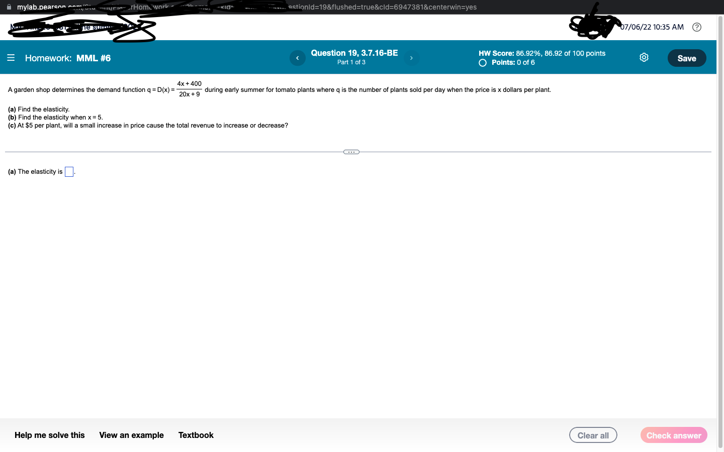 Mylab Pearson Yrie Homework Ne Sum Homework Mml 6 A Garden Shop Determines The Demand Function Q D X A The Elas 1