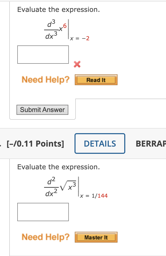 Evaluate The Expression D Caos Ponto Dx 3 6 Need Help Submit Answer X 2 0 11 Points Read It Need Help Det 1