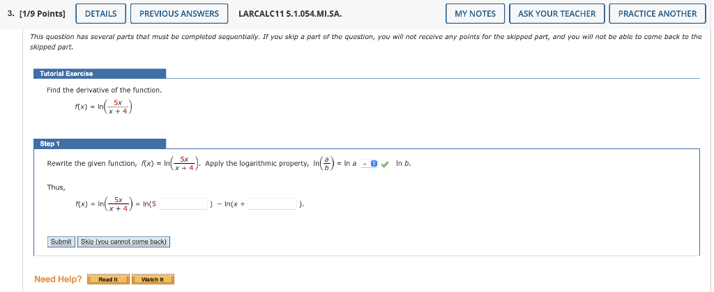 Previous Answers Larcalc115 1 054 Mi Sa This Question Has Several Parts That Must Be Completed Sequentially If You Ski 1