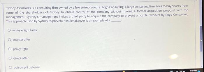 Sydney Associates Is A Consulting Firm Owned By A Few Entrepreneurs Rogo Consulting A Large Consulting Firm Tries To B 1