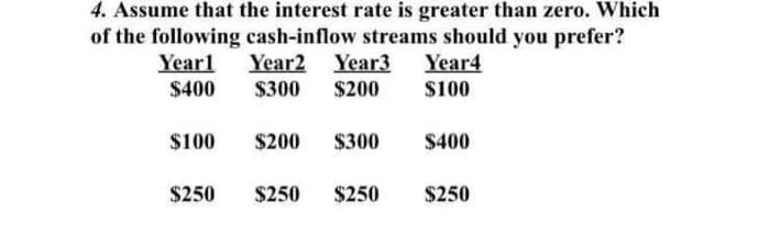 4 Assume That The Interest Rate Is Greater Than Zero Which Of The Following Cash Inflow Streams Should You Prefer Yea 1