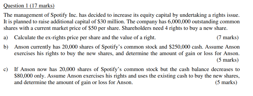 Question 1 17 Marks The Management Of Spotify Inc Has Decided To Increase Its Equity Capital By Undertaking A Rights 1