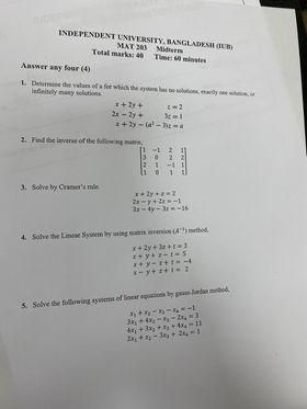 Independent University Bangladesh Ub Mat 203 Midterm Total Marks 4 Time 60 Minutes Answer Any Four 4 1 Determine 1