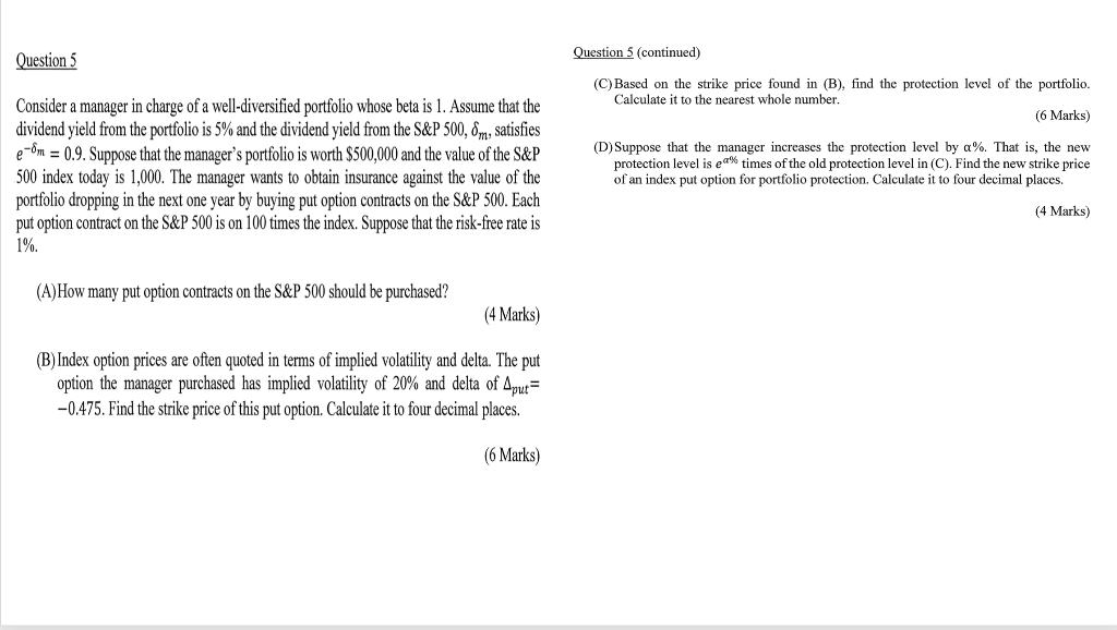 Question 5 Continued Question 5 C Based On The Strike Price Found In B Find The Protection Level Of The Portfolio 1
