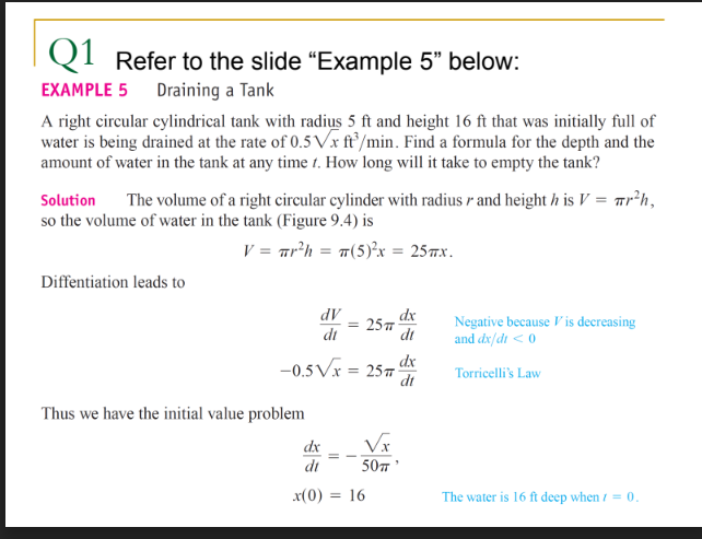 Q1 Refer To The Slide Example 5 Below Example 5 Draining A Tank A Right Circular Cylindrical Tank With Radius 5 Ft An 1
