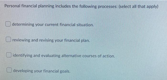 Personal Financial Planning Includes The Following Processes Select All That Apply Determining Your Current Financial 1