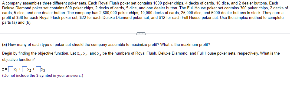 A Company Assembles Three Different Poker Sets Each Royal Flush Poker Set Contains 1000 Poker Chips 4 Decks Of Cards 1