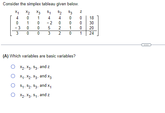 Consider The Simplex Tableau Given Below X3 S2 3 X1 4 0 3 3 X 0 1 Food 0 0 Wo D 4 2 0 0 0 3 Nonn 4 0 5 2 1007 Z A 1
