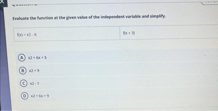 Evaluate The Function At The Given Value Of The Independent Variable And Simplify F X X2 4 A X2 6x 5 B X2 9 X2 1 1