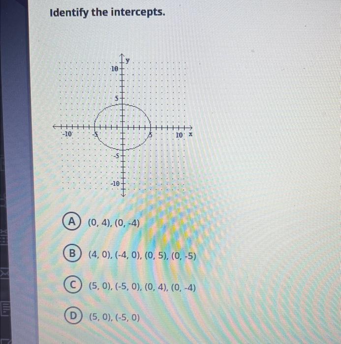 Identify The Intercepts 10 A B C D 10 N 0 4 0 4 10 X 4 0 4 0 0 5 0 5 5 0 5 0 0 4 1