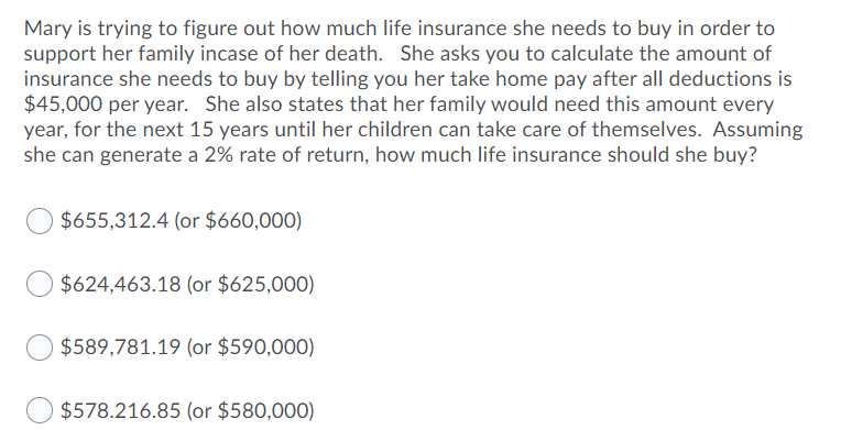 Mary Is Trying To Figure Out How Much Life Insurance She Needs To Buy In Order To Support Her Family Incase Of Her Death 1