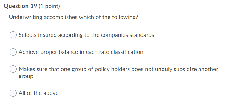 Question 19 1 Point Underwriting Accomplishes Which Of The Following Selects Insured According To The Companies Stand 1