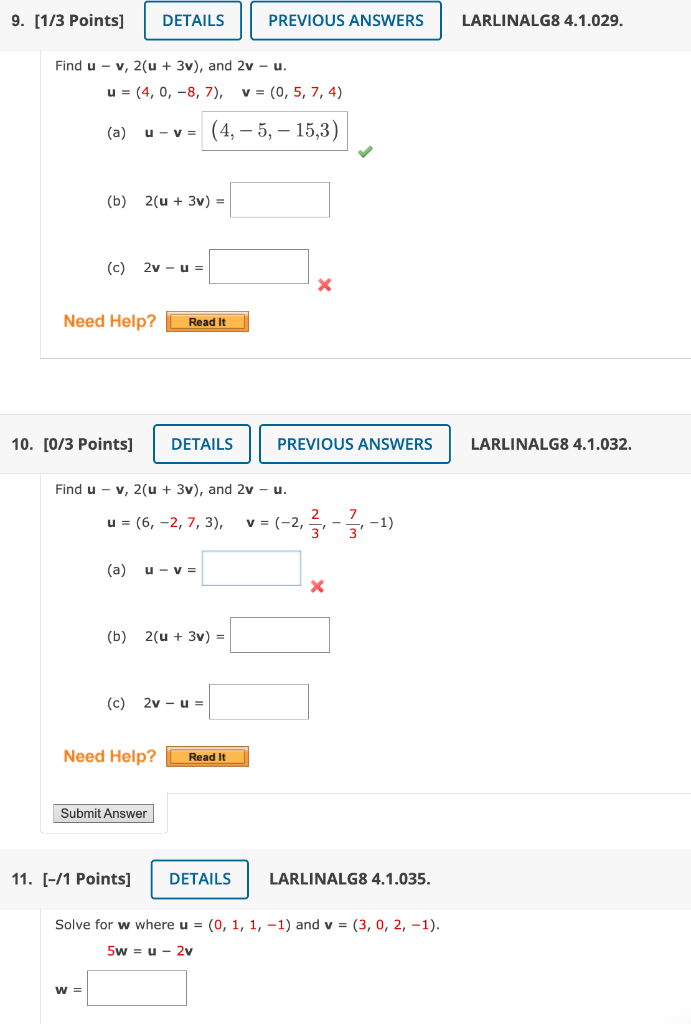 9 1 3 Points Find U V 2 U 3v And 2v U U 4 0 8 7 V 0 5 7 4 A U V 4 5 15 3 B 2 U 3v 1
