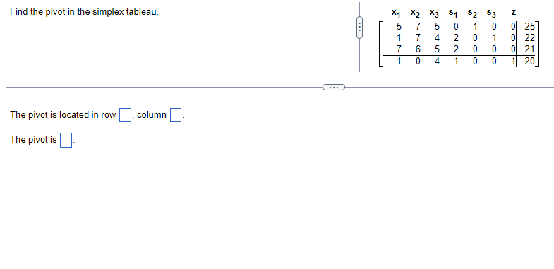 Find The Pivot In The Simplex Tableau The Pivot Is Located In Row The Pivot Is Column C X X2 X3 S1 S2 S3 517 7 1 2176 1