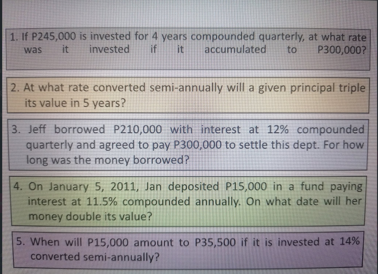 1 If P245 000 Is Invested For 4 Years Compounded Quarterly At What Rate Was It Invested If Accumulated To P300 000 2 1