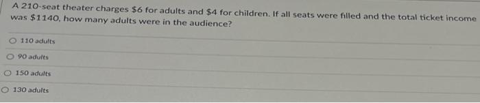 A 210 Seat Theater Charges 6 For Adults And 4 For Children If All Seats Were Filled And The Total Ticket Income Was 1