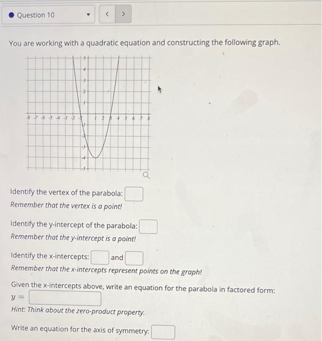 O Question 10 Y You Are Working With A Quadratic Equation And Constructing The Following Graph 8 755 Identify The Verte 1