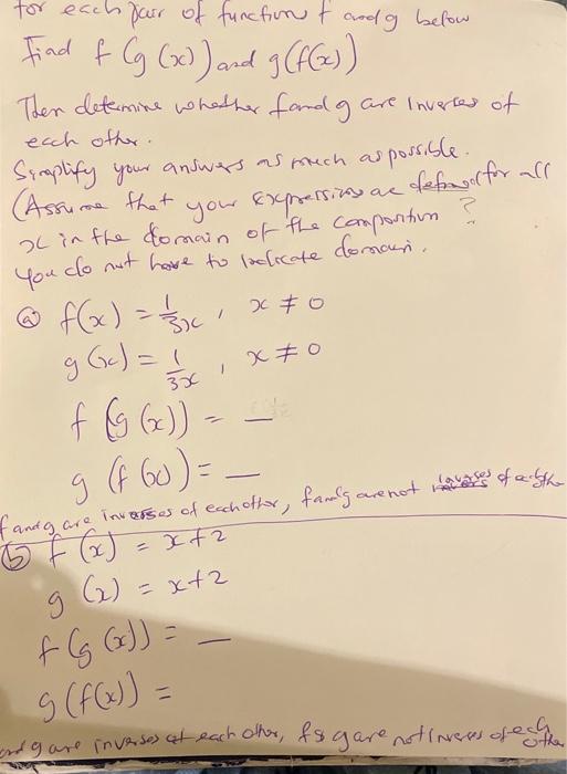For Each Pair Of Functions And G Below Find F G X And G F X Then Determine Whether Fand I Are Inverses Of Each O 1