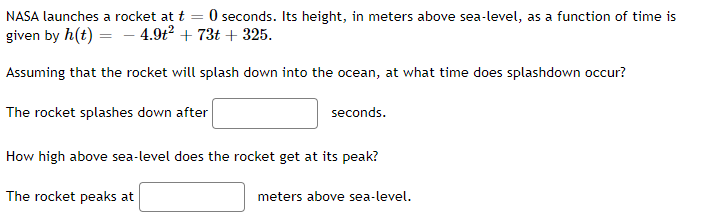 Nasa Launches A Rocket At T 0 Seconds Its Height In Meters Above Sea Level As A Function Of Time Is Given By H T 1
