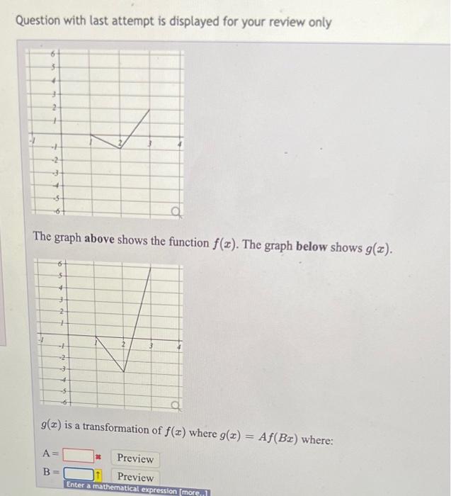 Question With Last Attempt Is Displayed For Your Review Only 3 The Graph Above Shows The Function F X The Graph Bel 2