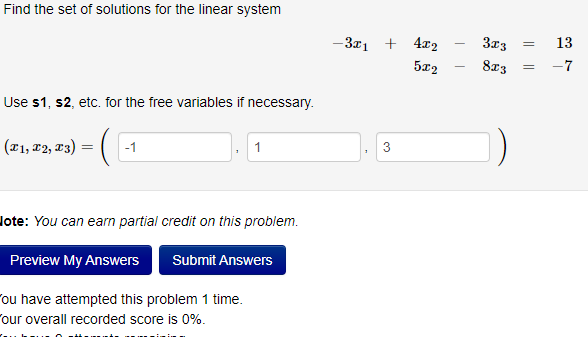 Find The Set Of Solutions For The Linear System Use 1 S2 Etc For The Free Variables If Necessary F1 F2 F3 1