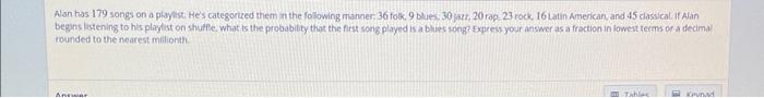 Alan Has 179 Songs On A Playlist He S Categorized Them In The Following Manner 36 Folk 9 Blues 30 Jazz 20 Rap 23 Ro 1