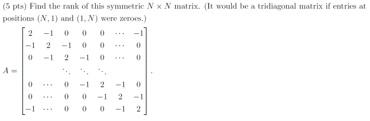 5 Pts Find The Rank Of This Symmetric N X N Matrix It Would Be A Tridiagonal Matrix If Entries At Positions N 1 A 1