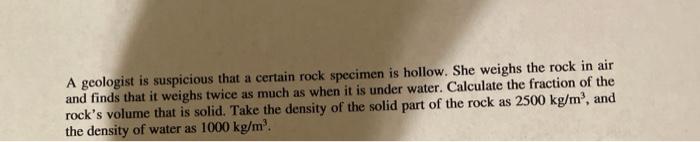 A Geologist Is Suspicious That A Certain Rock Specimen Is Hollow She Weighs The Rock In Air And Finds That It Weighs Tw 1