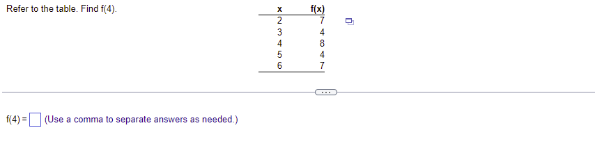 Refer To The Table Find F 4 F 4 Use A Comma To Separate Answers As Needed X3456 2 F X 4847 0 1