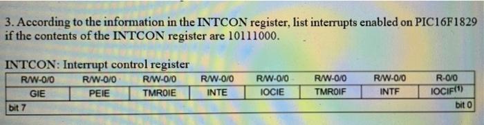 3 According To The Information In The Intcon Register List Interrupts Enabled On Pic16f1829 If The Contents Of The Int 1