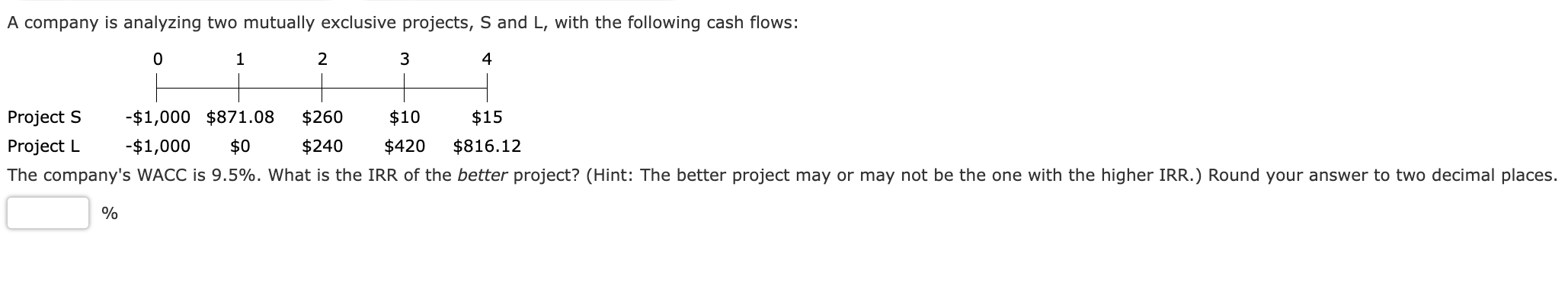 A Company Is Analyzing Two Mutually Exclusive Projects S And L With The Following Cash Flows 0 1 2 3 4 Projects 1 0 1