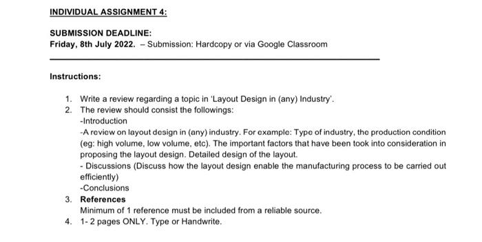 Individual Assignment 4 Submission Deadline Friday 8th July 2022 Submission Hardcopy Or Via Google Classroom Inst 1