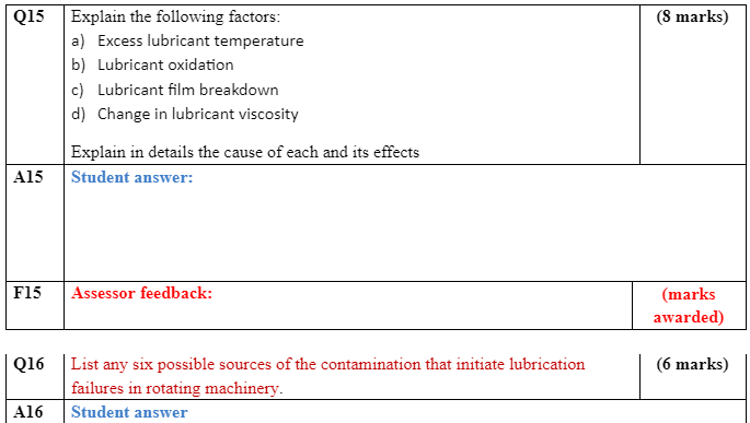 Q15 A15 F15 Q16 A16 Explain The Following Factors A Excess Lubricant Temperature B Lubricant Oxidation C Lubricant F 1
