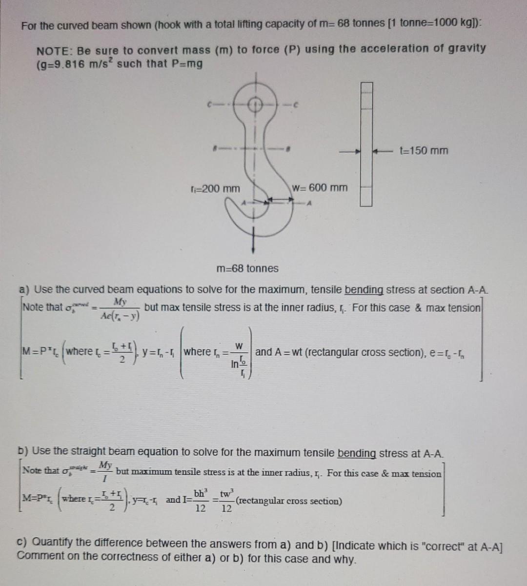 For The Curved Beam Shown Hook With A Total Lifting Capacity Of M 68 Tonnes 1 Tonne 1000 Kg Note Be Sure To Conve 1