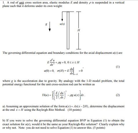 1 A Rod Of Unit Cross Section Area Elastic Modulus E And Density Pis Suspended In A Vertical Plane Such That It Deform 1