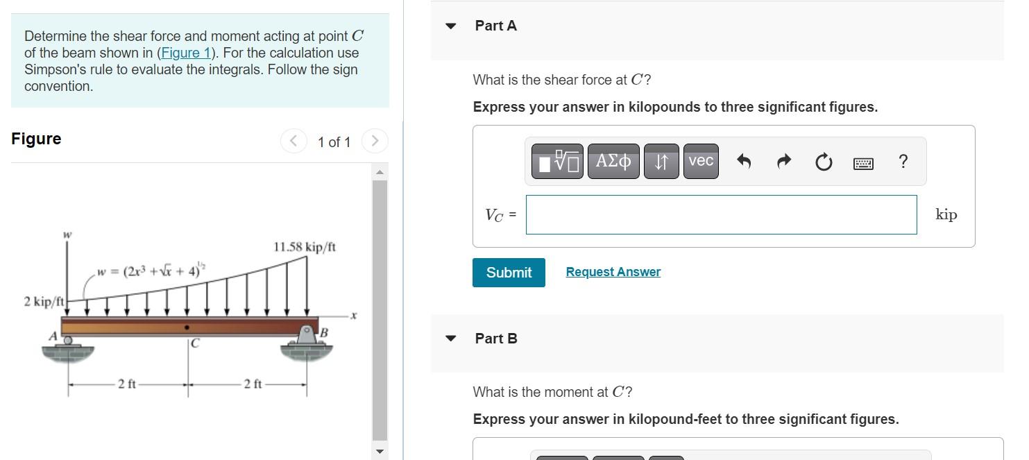 Determine The Shear Force And Moment Acting At Point C Of The Beam Shown In Figure 1 For The Calculation Use Simpson 1