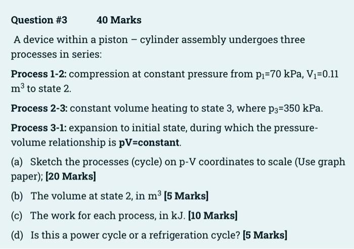 Question 3 40 Marks A Device Within A Piston Cylinder Assembly Undergoes Three Processes In Series Process 1 2 Comp 2