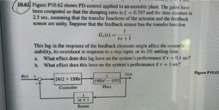 10 62 Figure P10 62 Shows Pd Control Applied To An Unstable Plant The Gains Have 0 707 And The Time Constant Is Been C 1
